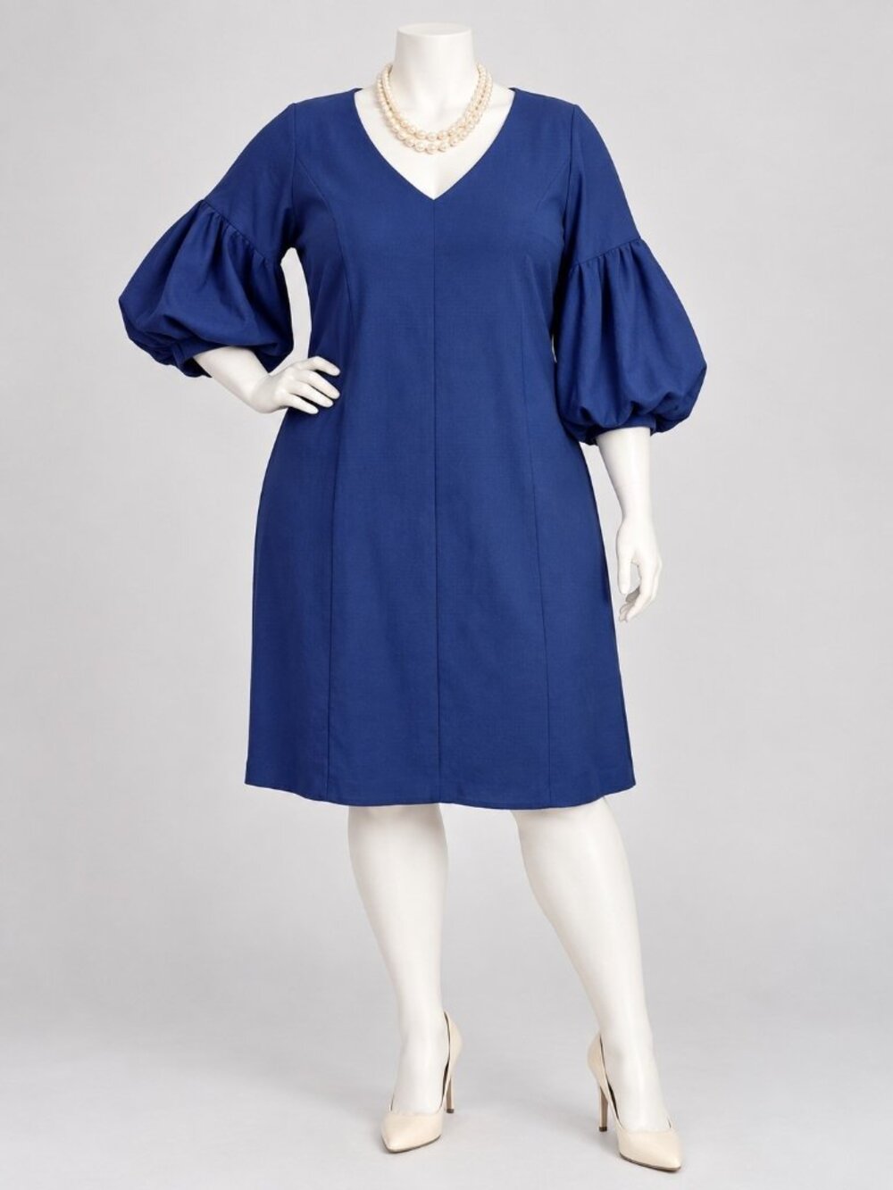 ELOQUII Dress Blue Solid V-Neck Balloon Sleeve Shift Womens Plus Size 24